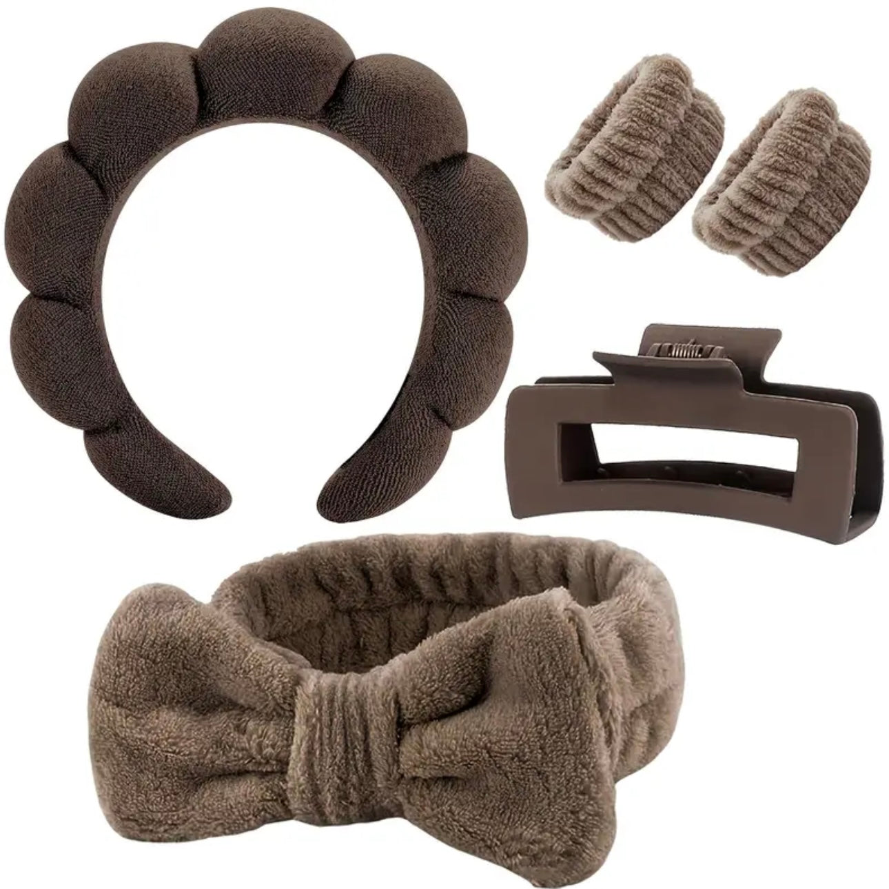 Zenora 5pcs Spa Headband & Wristband Set with Hair Claw Clips