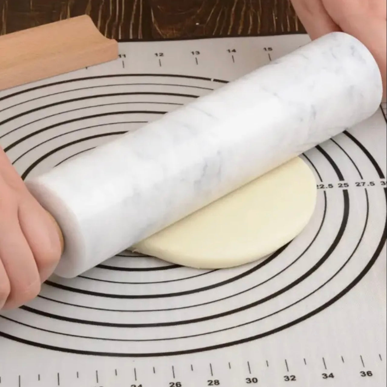 Zenora Marble Rolling Pin with Wooden Handles & Base