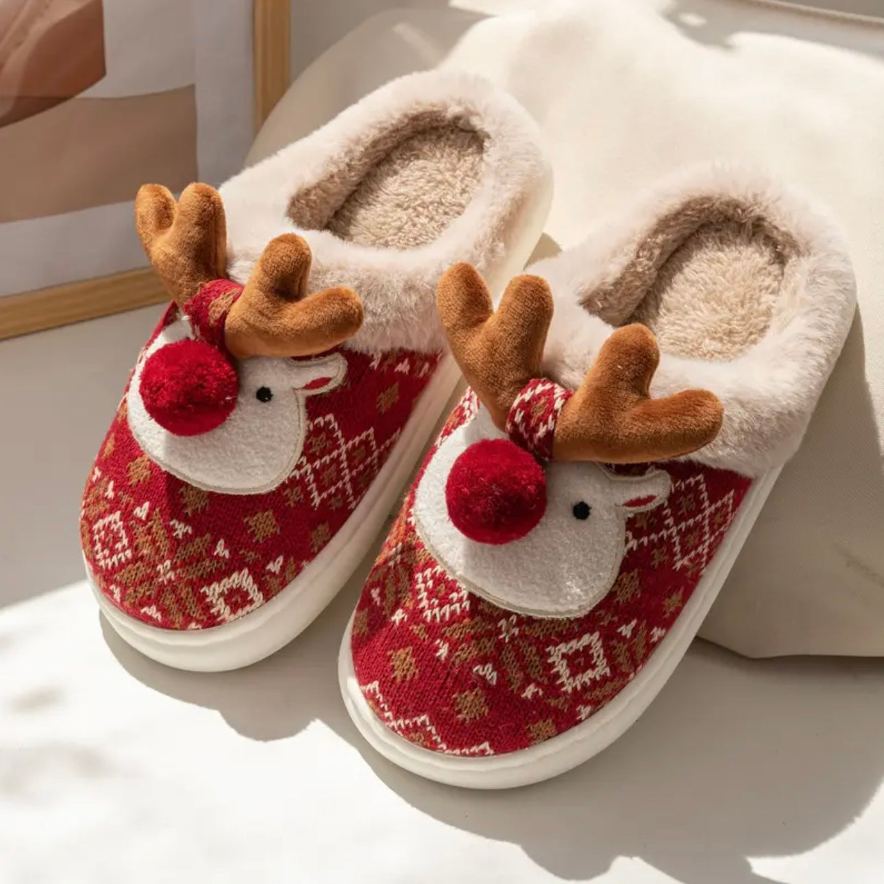 Zenora Cozy Christmas Reindeer Plush Slippers