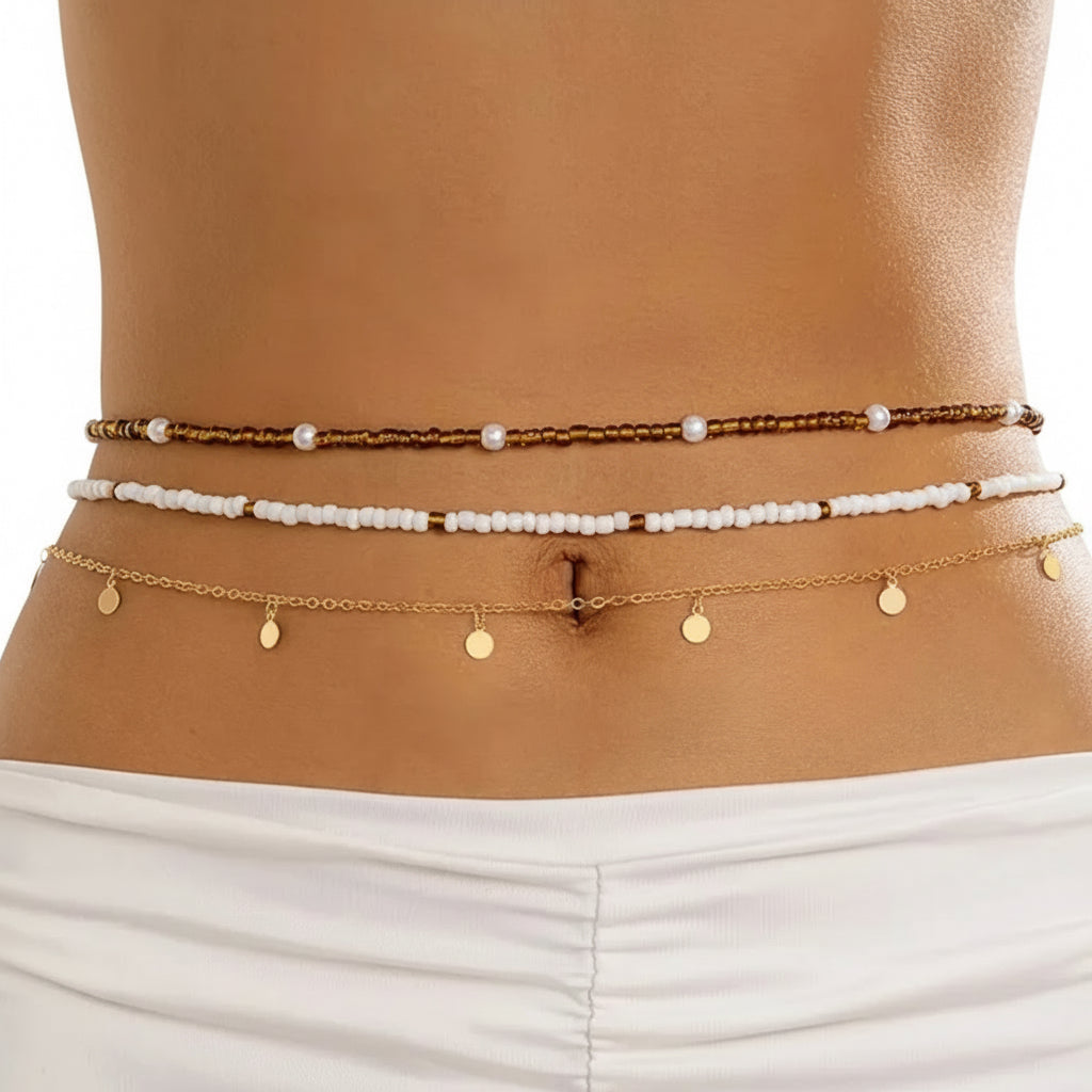 3-Piece Boho Beaded Waist Chain Set — Pearl & Charm Edition