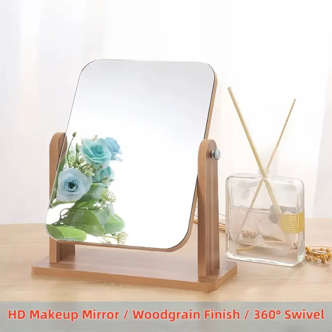 Zenora 360° Rotating HD Makeup Mirror with Woodgrain Finish