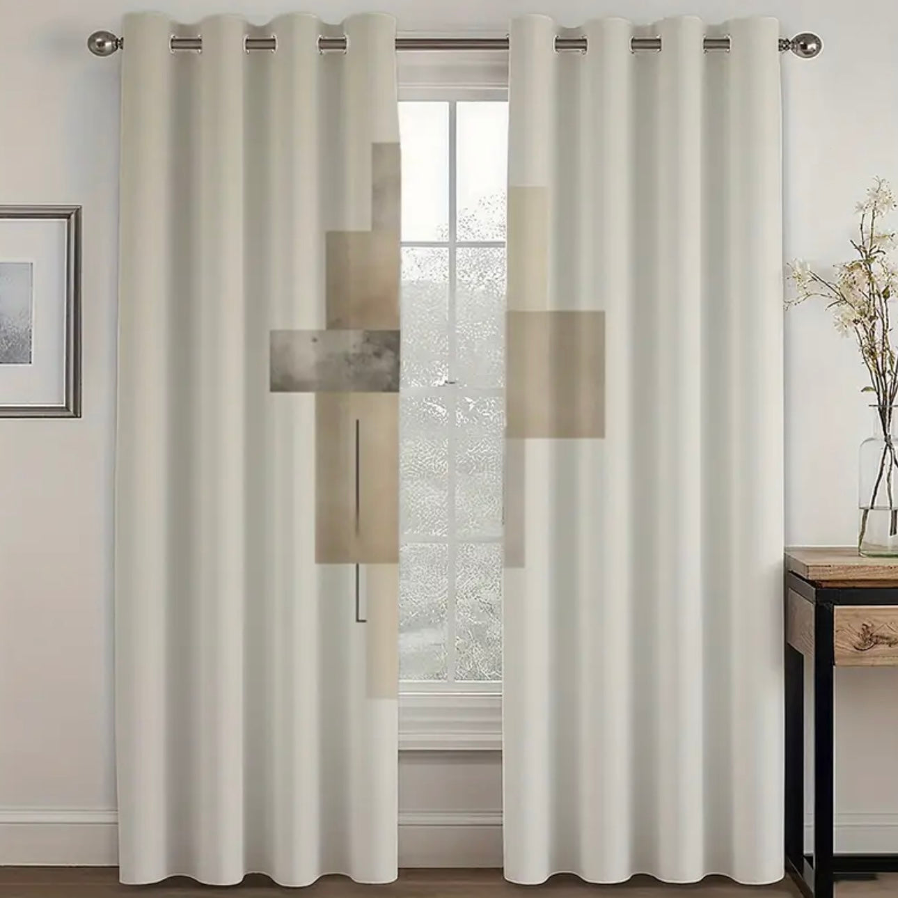 Zenora 2D Flat Abstract Geometric Velvet-Feel Curtain Set
