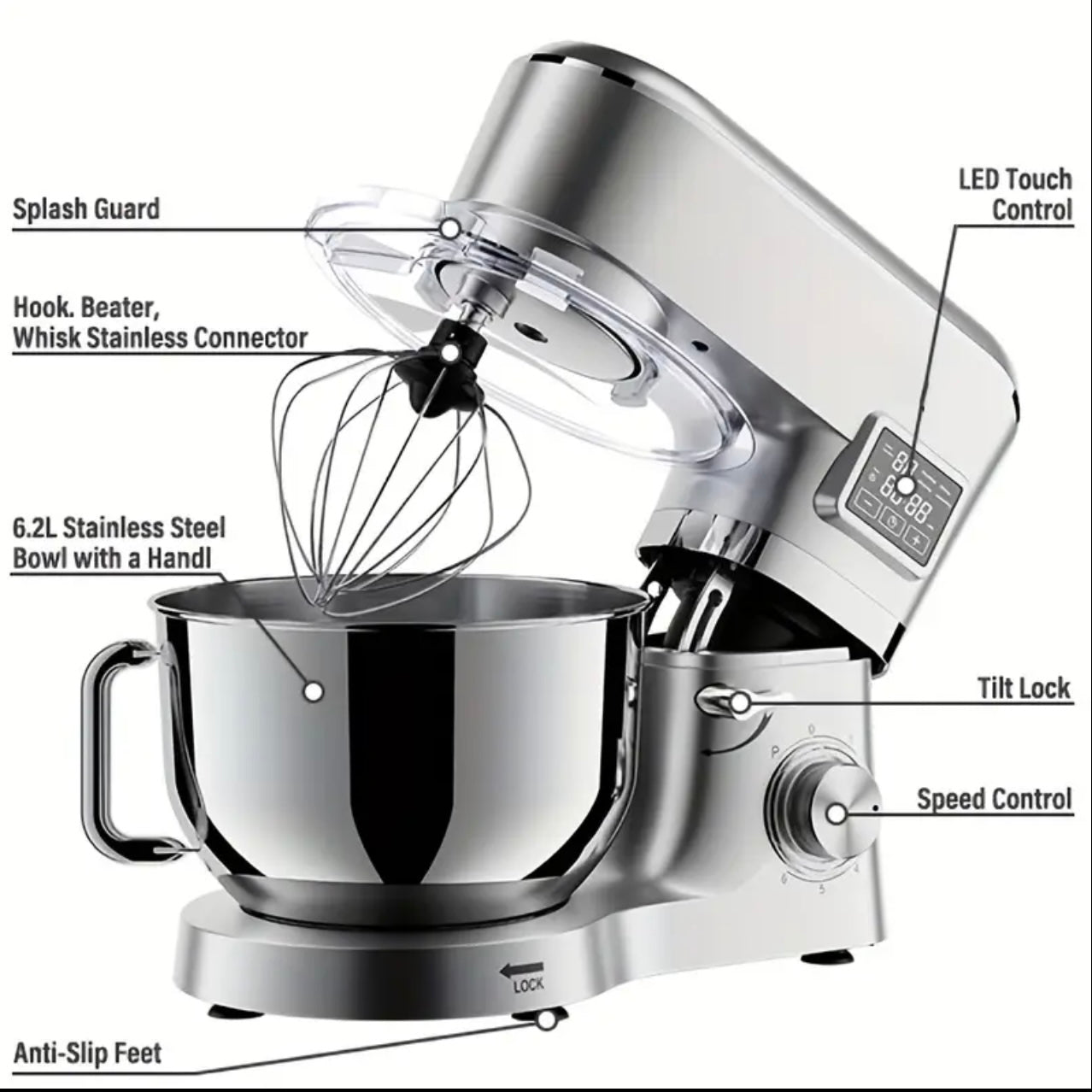 Zenora 1400W Smart Stand Mixer – 6.2L Stainless Steel Bowl