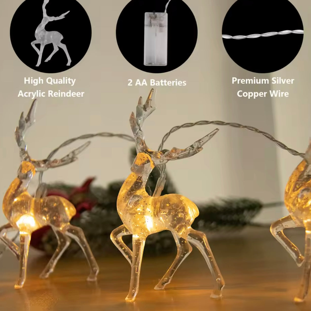 Zenora 3D Reindeer LED Christmas String Lights (Battery Operated)