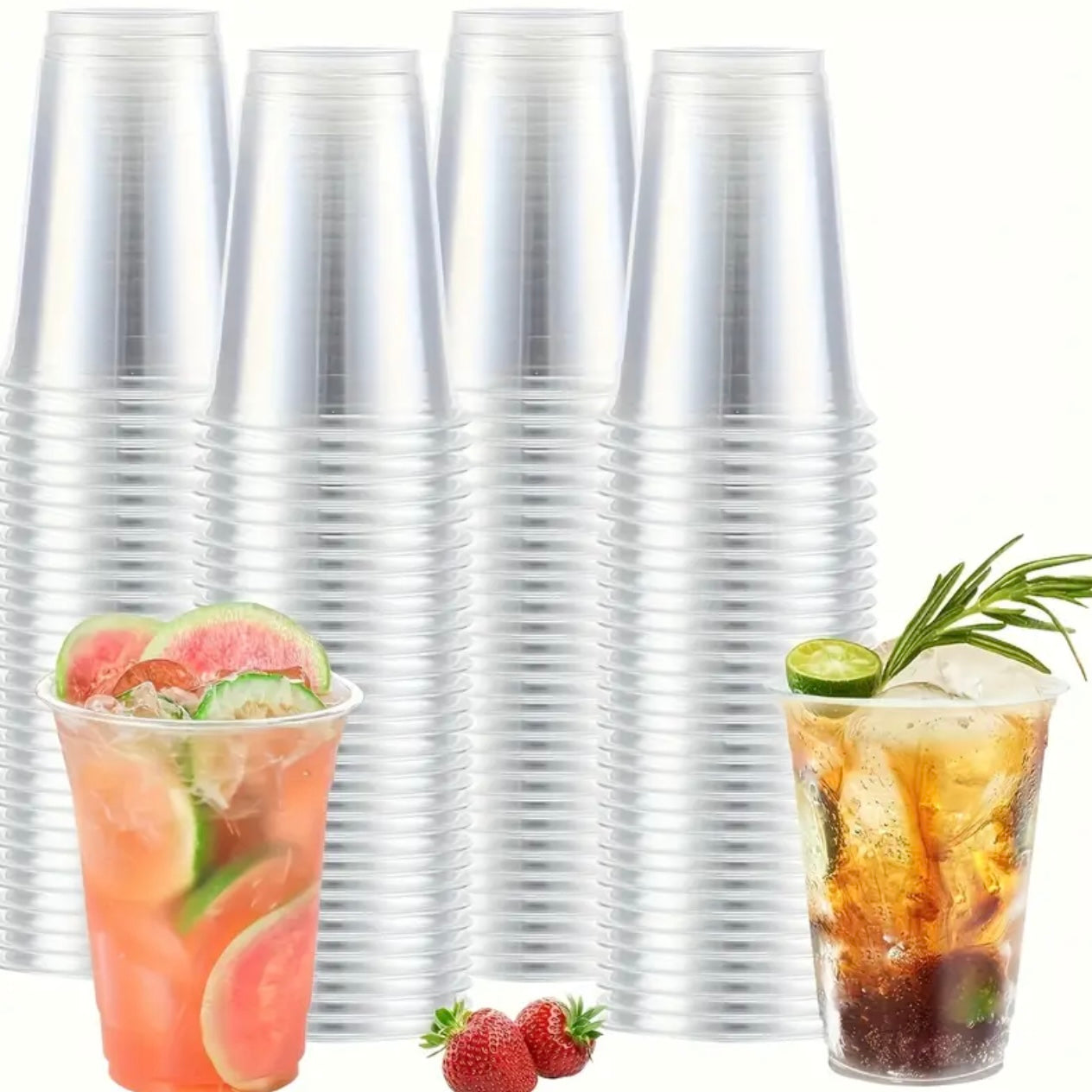 Zenora 400ml Clear Plastic Reusable Drinkware Set – 100 Straws, 50 Cups & 50 Flat Lids