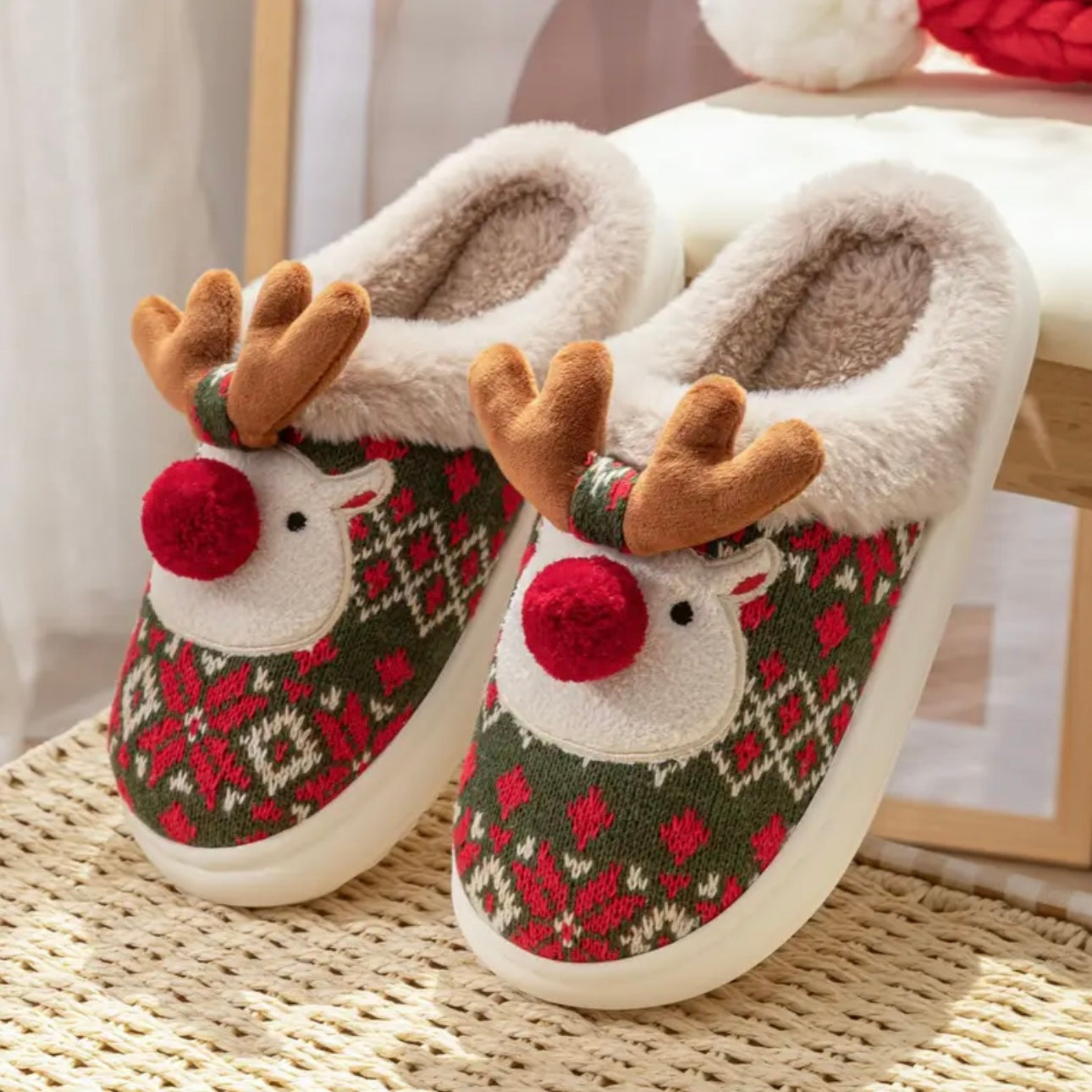 Zenora Cozy Christmas Reindeer Plush Slippers