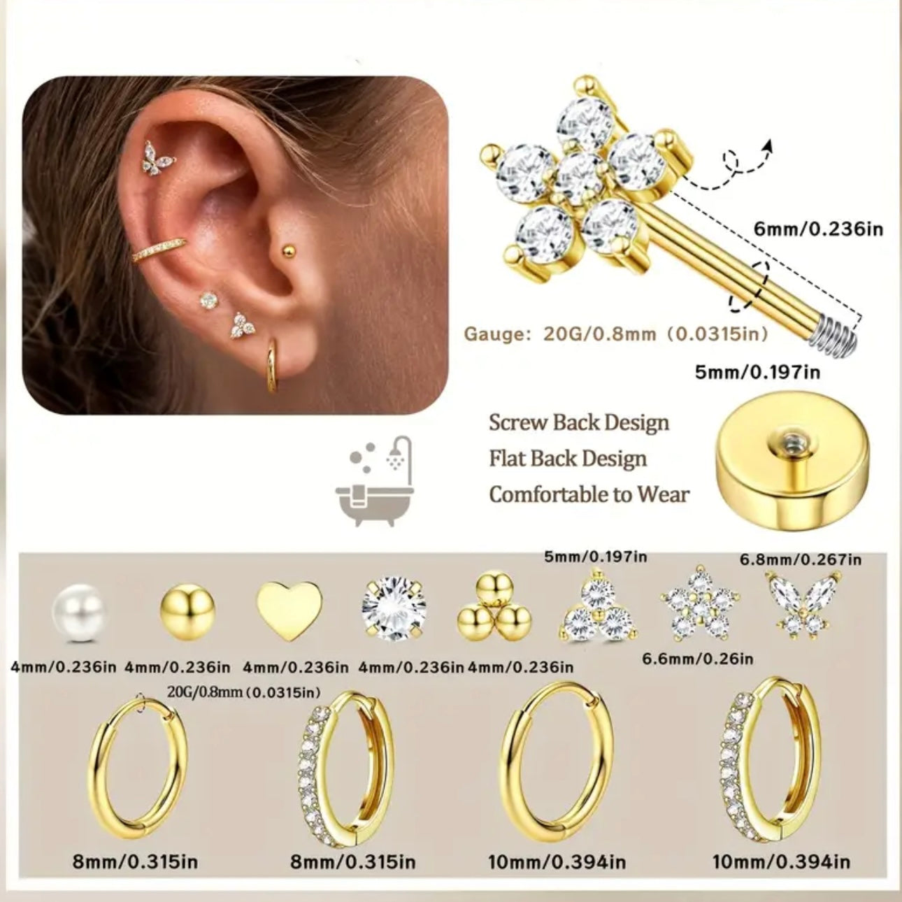 12 Pairs Unisex 316L Stainless Steel Earring Set