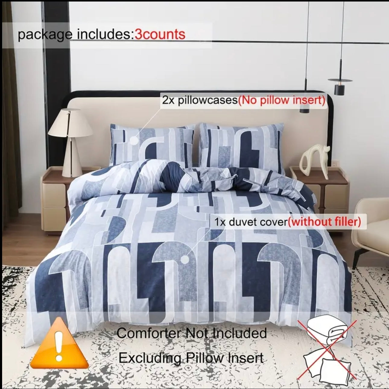 Zenora 3-Piece Carlo Deep Blue Letter Print Comforter Cover Set