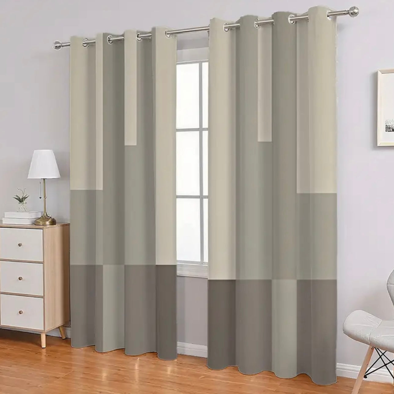 Zenora Contemporary Gray & White Vertical Stripe Curtain Set