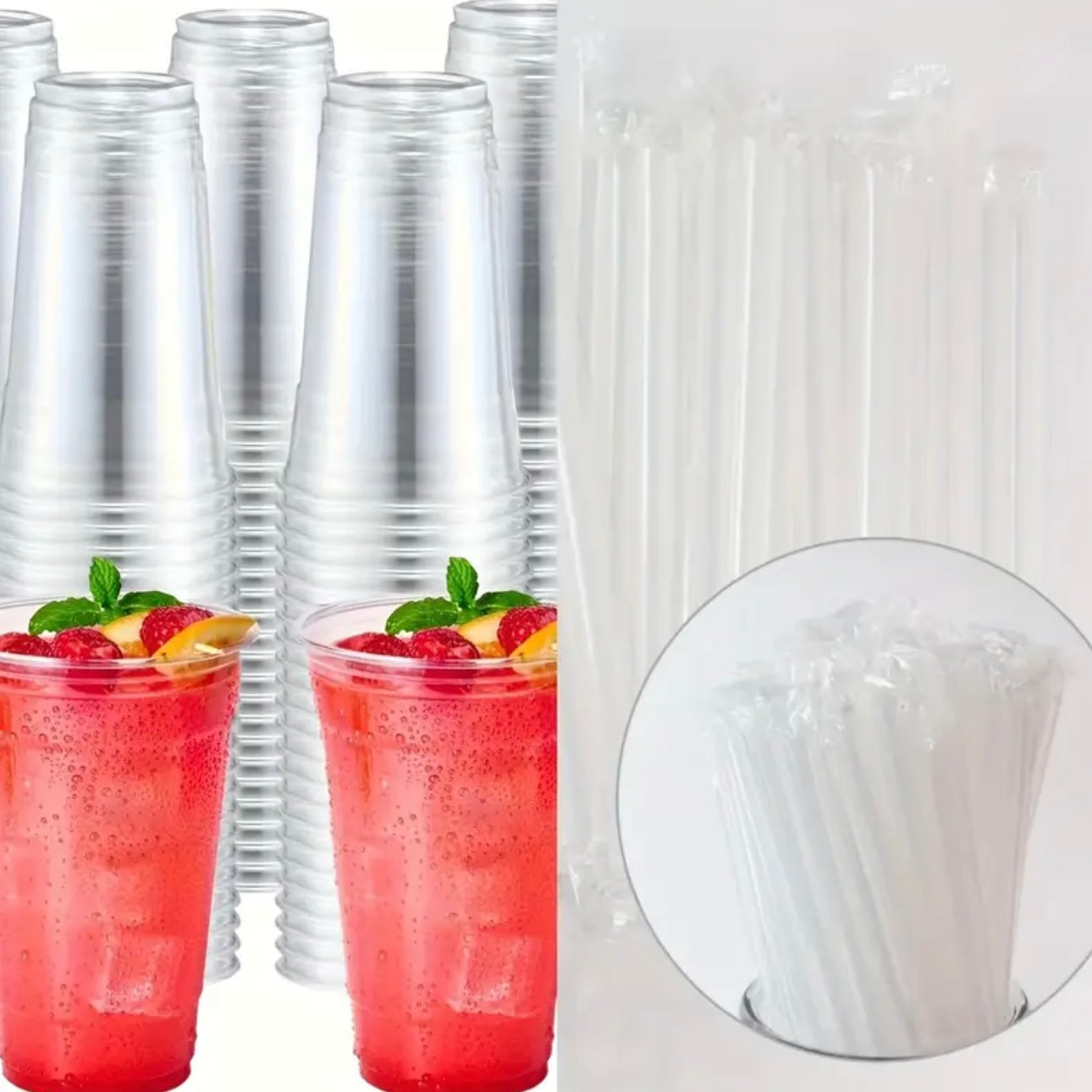 Zenora 400ml Clear Plastic Reusable Drinkware Set – 100 Straws, 50 Cups & 50 Flat Lids