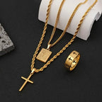 3pcs Men’s Heavy-Duty Interlocking Link Necklace & Ring Set