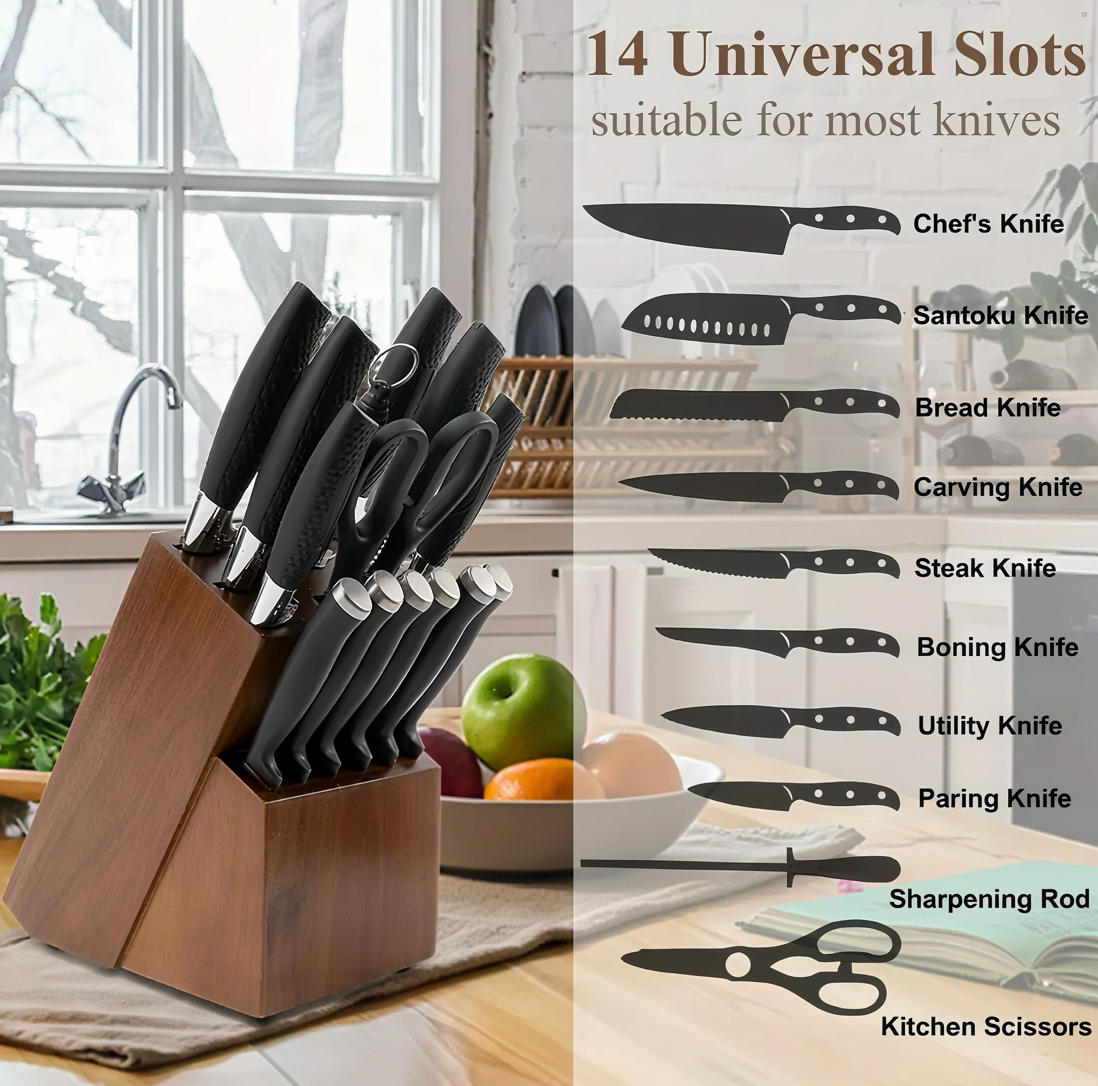 Zenora™ Acacia Wood Knife Block – 14-Slot Premium Organizer for Professional Kitchens