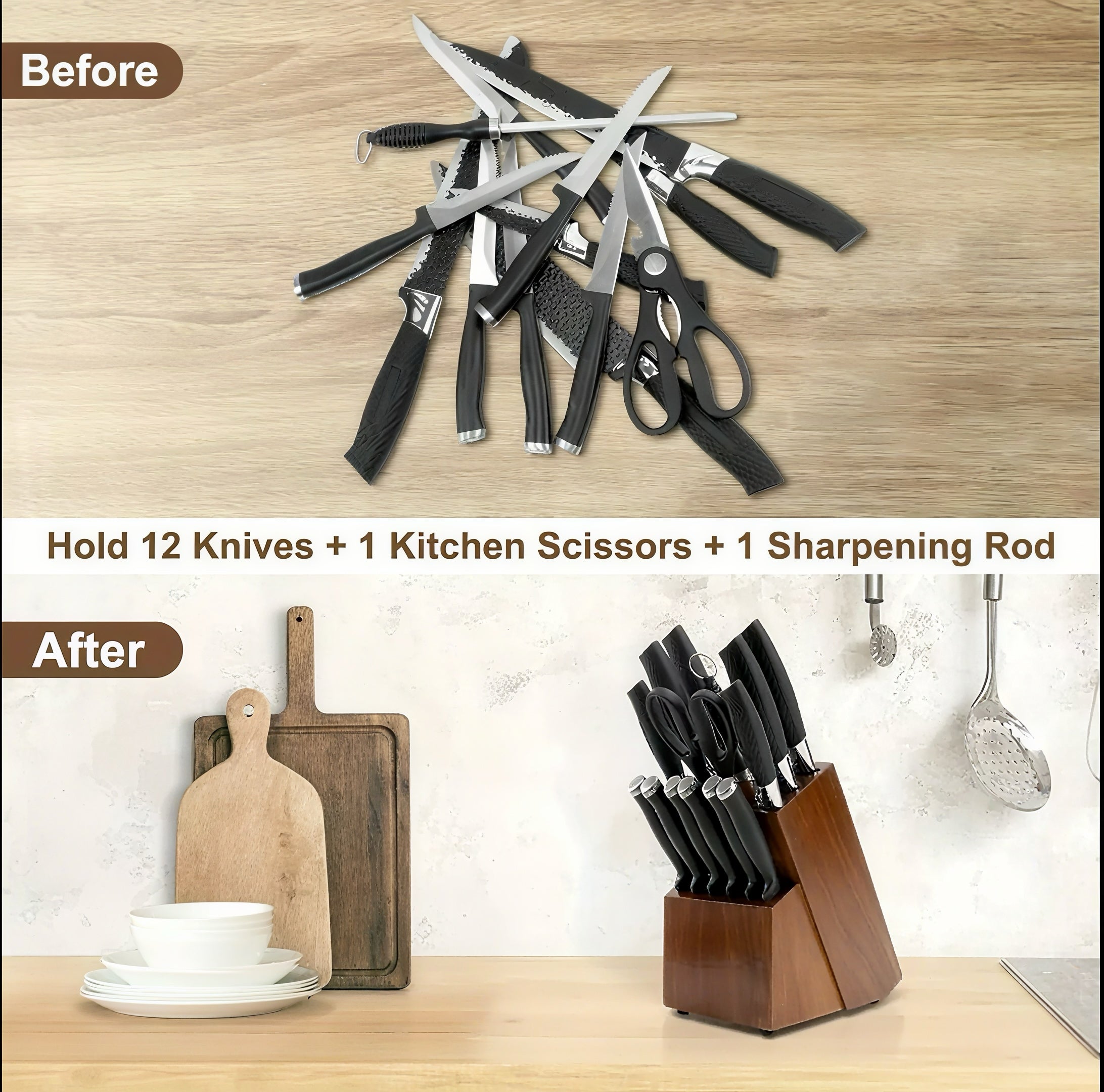 Zenora™ Acacia Wood Knife Block – 14-Slot Premium Organizer for Professional Kitchens