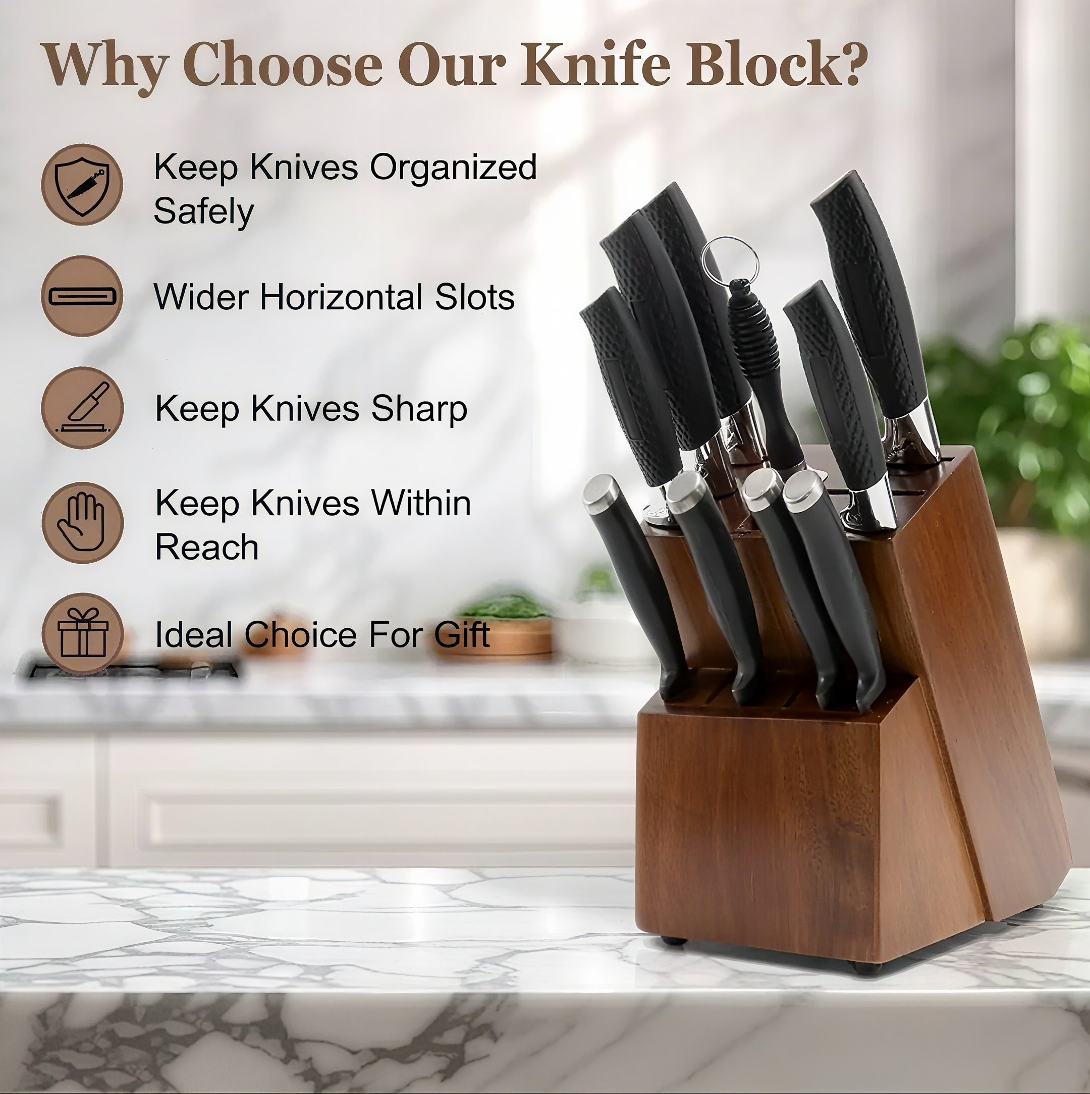 Zenora™ Acacia Wood Knife Block – 14-Slot Premium Organizer for Professional Kitchens