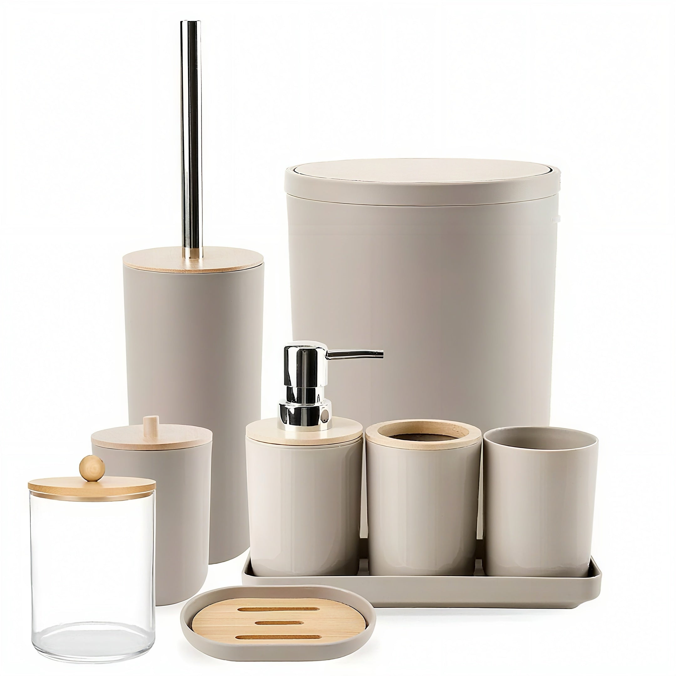 Zenora 9-Piece Wood-Style Bathroom Accessory Set – Waterproof & Rustproof Toiletry Organizer with Dispenser, Tissue Box, Trash Can, and More