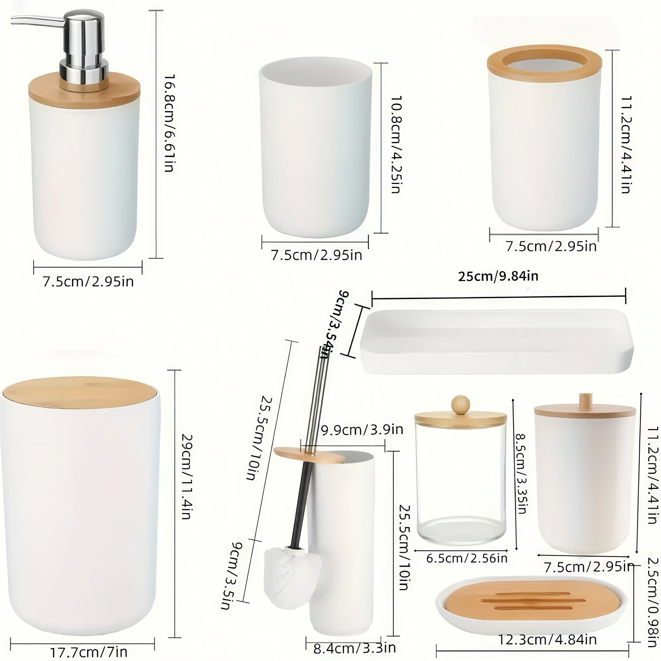 Zenora 9-Piece Wood-Style Bathroom Accessory Set – Waterproof & Rustproof Toiletry Organizer with Dispenser, Tissue Box, Trash Can, and More