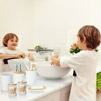 Zenora 9-Piece Wood-Style Bathroom Accessory Set – Waterproof & Rustproof Toiletry Organizer with Dispenser, Tissue Box, Trash Can, and More