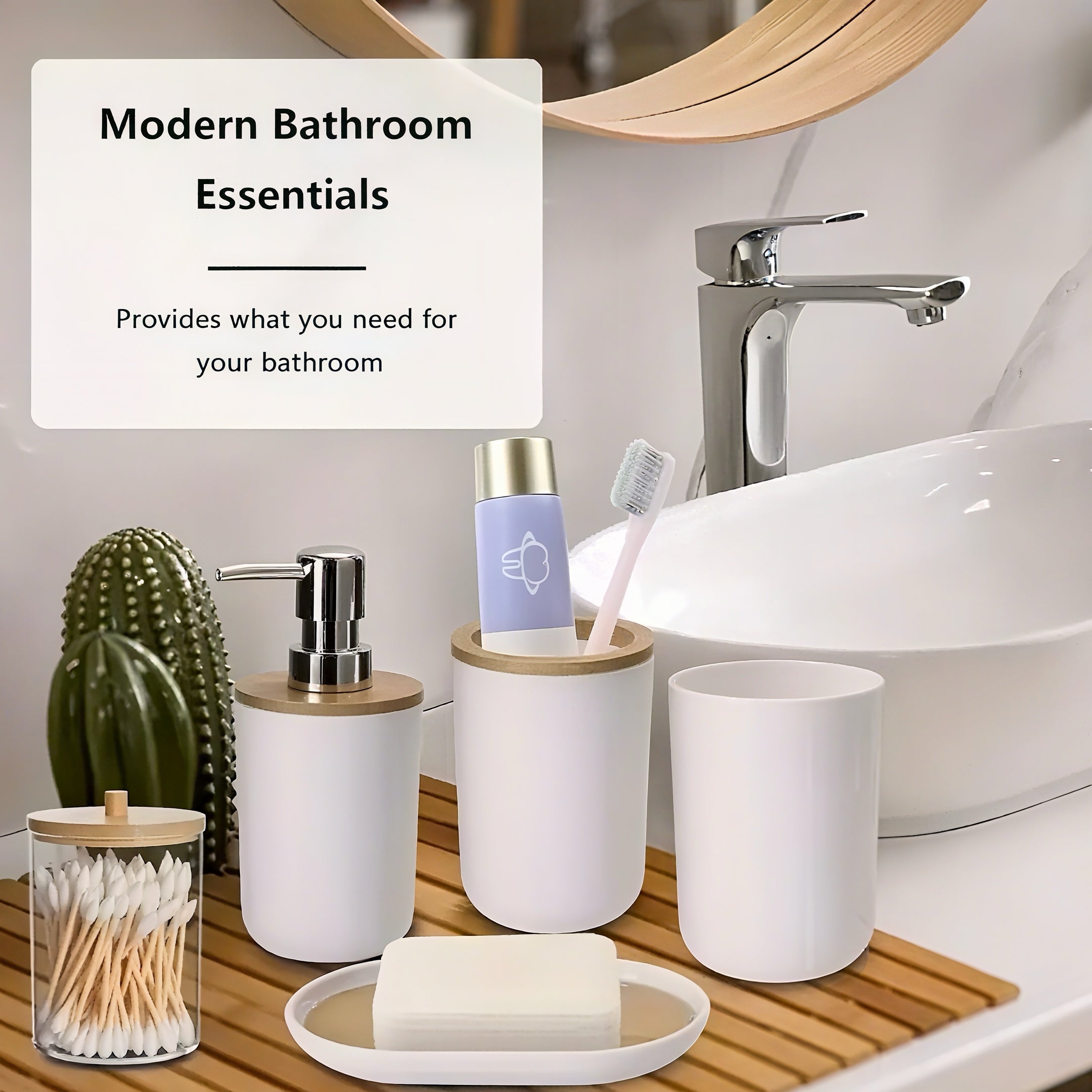 Zenora 9-Piece Wood-Style Bathroom Accessory Set – Waterproof & Rustproof Toiletry Organizer with Dispenser, Tissue Box, Trash Can, and More