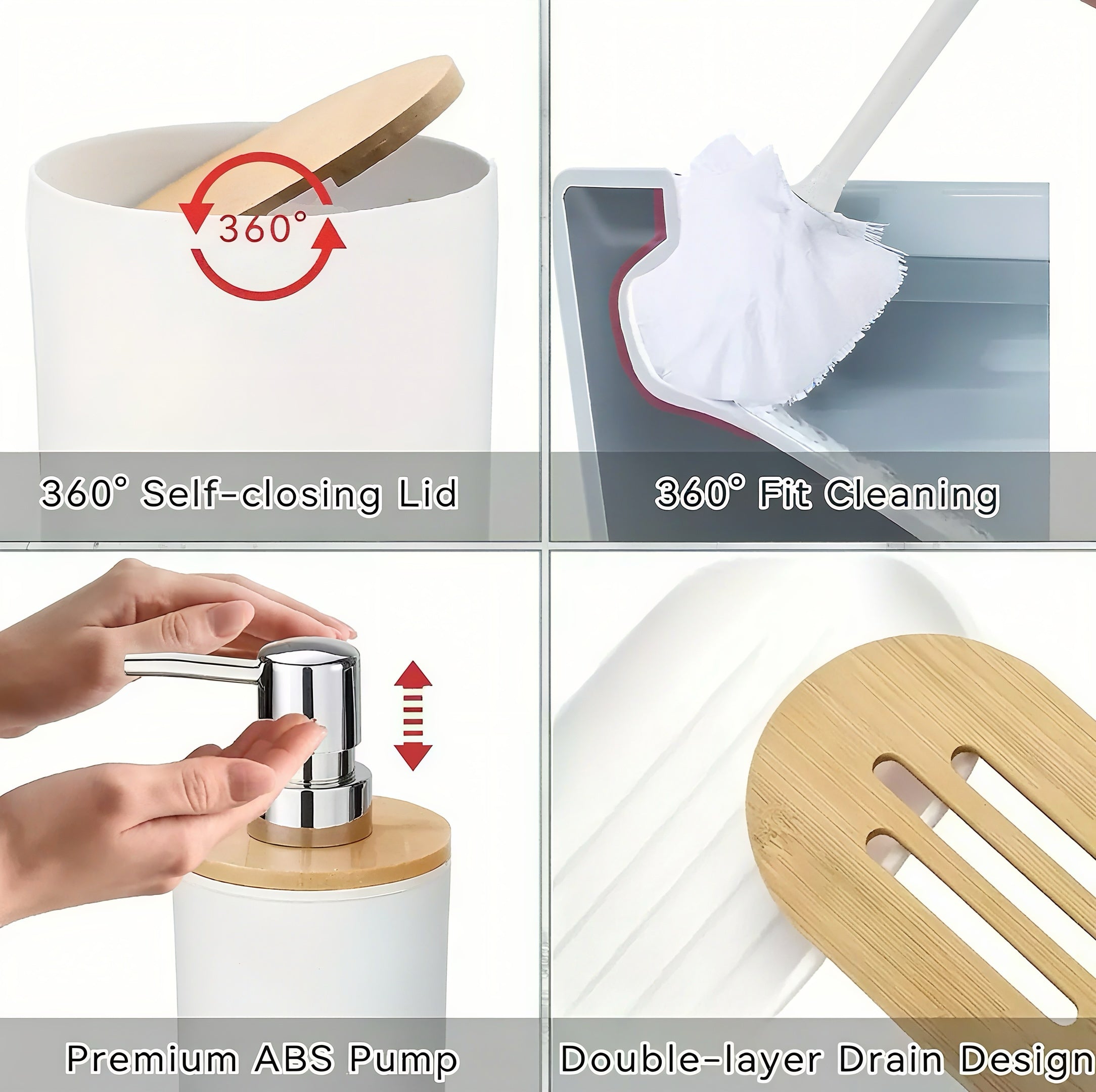 Zenora 9-Piece Wood-Style Bathroom Accessory Set – Waterproof & Rustproof Toiletry Organizer with Dispenser, Tissue Box, Trash Can, and More