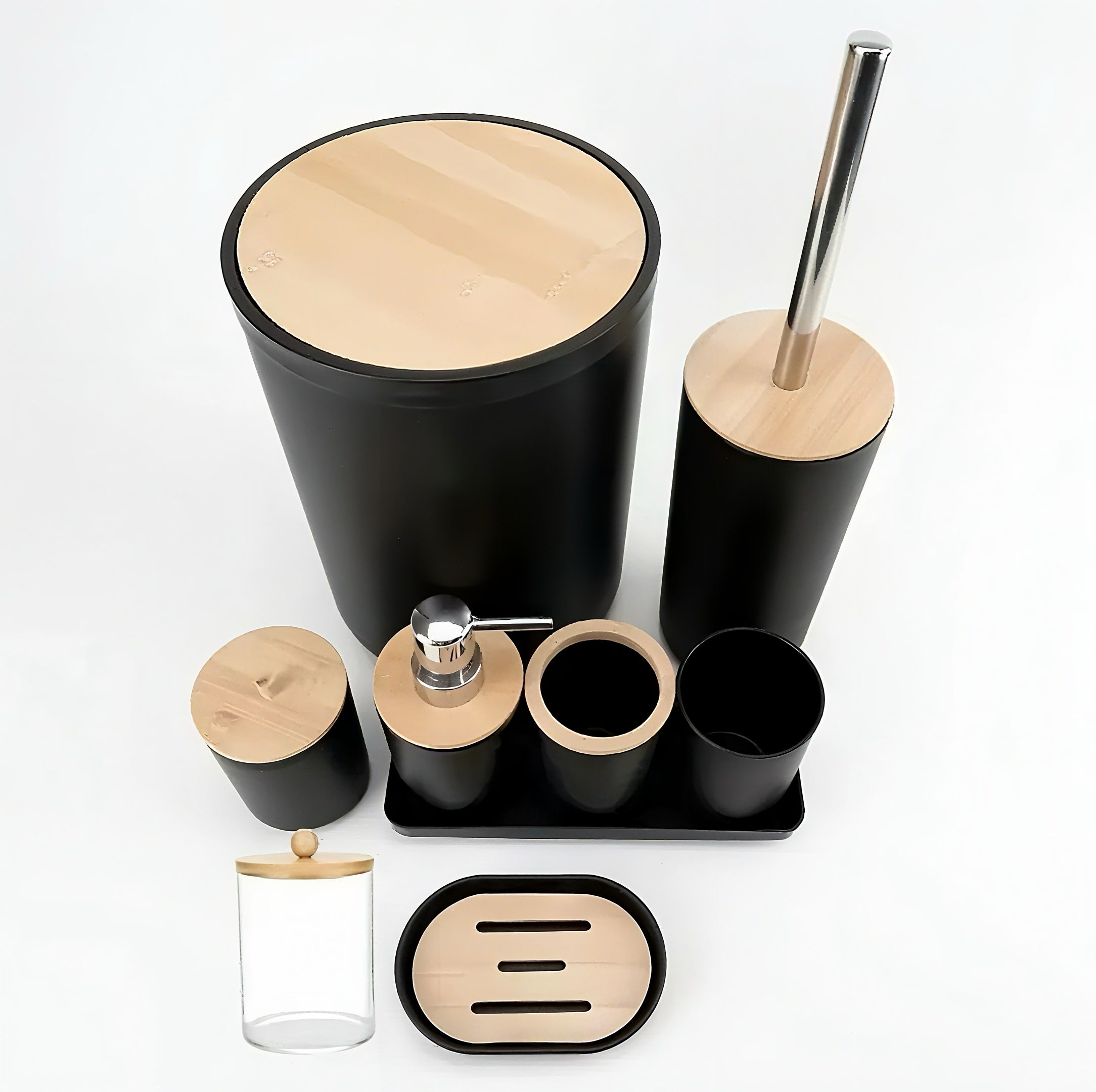 Zenora 9-Piece Wood-Style Bathroom Accessory Set – Waterproof & Rustproof Toiletry Organizer with Dispenser, Tissue Box, Trash Can, and More