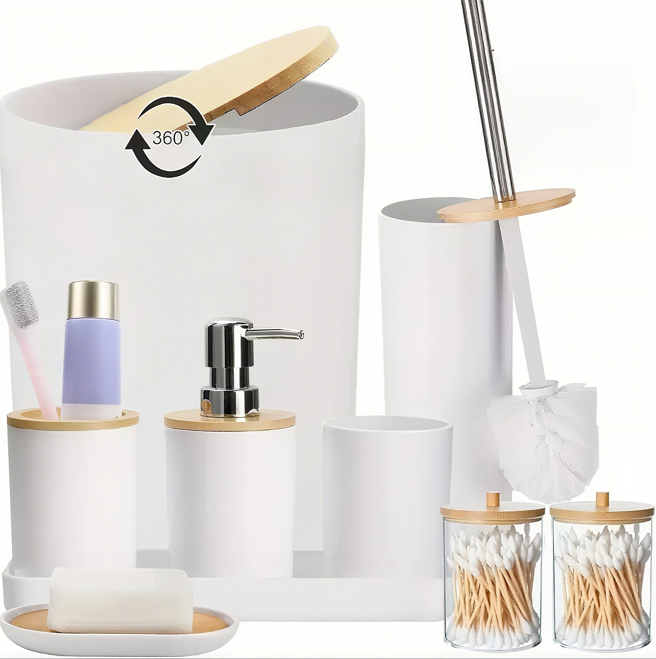 Zenora 9-Piece Wood-Style Bathroom Accessory Set – Waterproof & Rustproof Toiletry Organizer with Dispenser, Tissue Box, Trash Can, and More