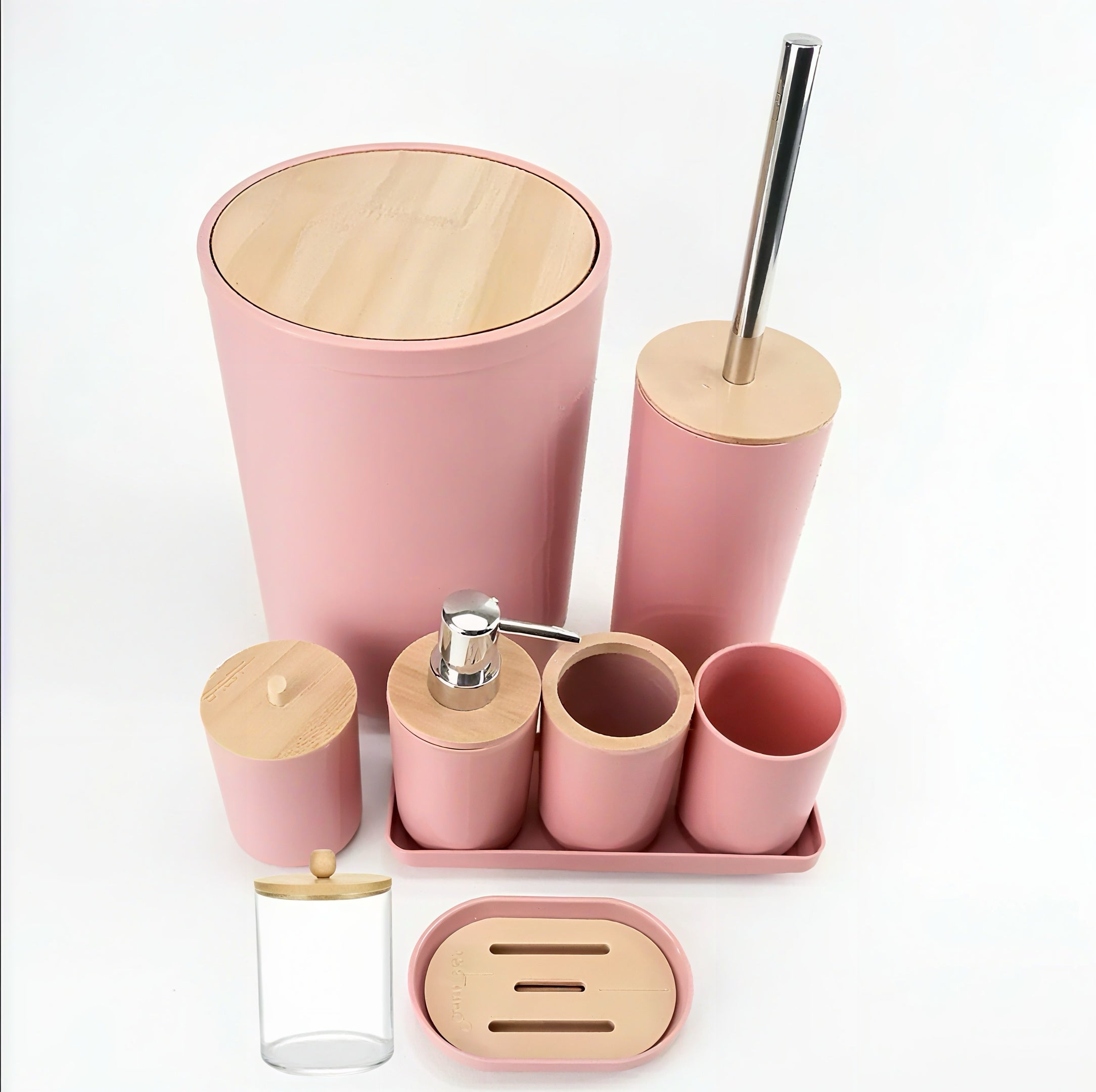 Zenora 9-Piece Wood-Style Bathroom Accessory Set – Waterproof & Rustproof Toiletry Organizer with Dispenser, Tissue Box, Trash Can, and More