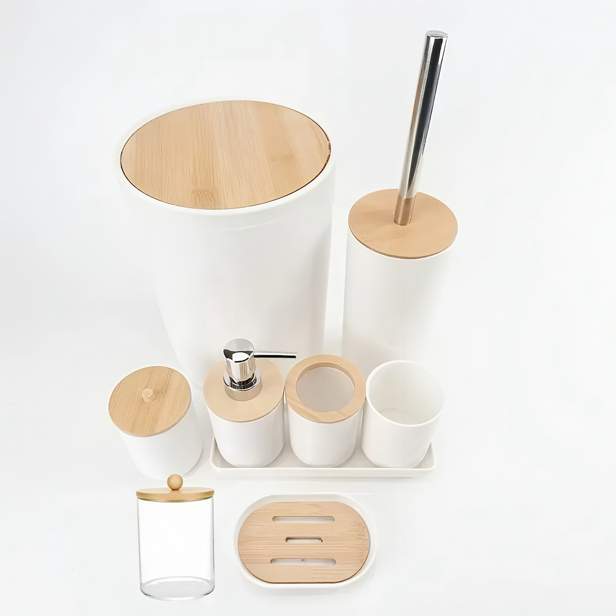 Zenora 9-Piece Wood-Style Bathroom Accessory Set – Waterproof & Rustproof Toiletry Organizer with Dispenser, Tissue Box, Trash Can, and More