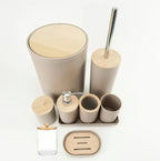 Zenora 9-Piece Wood-Style Bathroom Accessory Set – Waterproof & Rustproof Toiletry Organizer with Dispenser, Tissue Box, Trash Can, and More