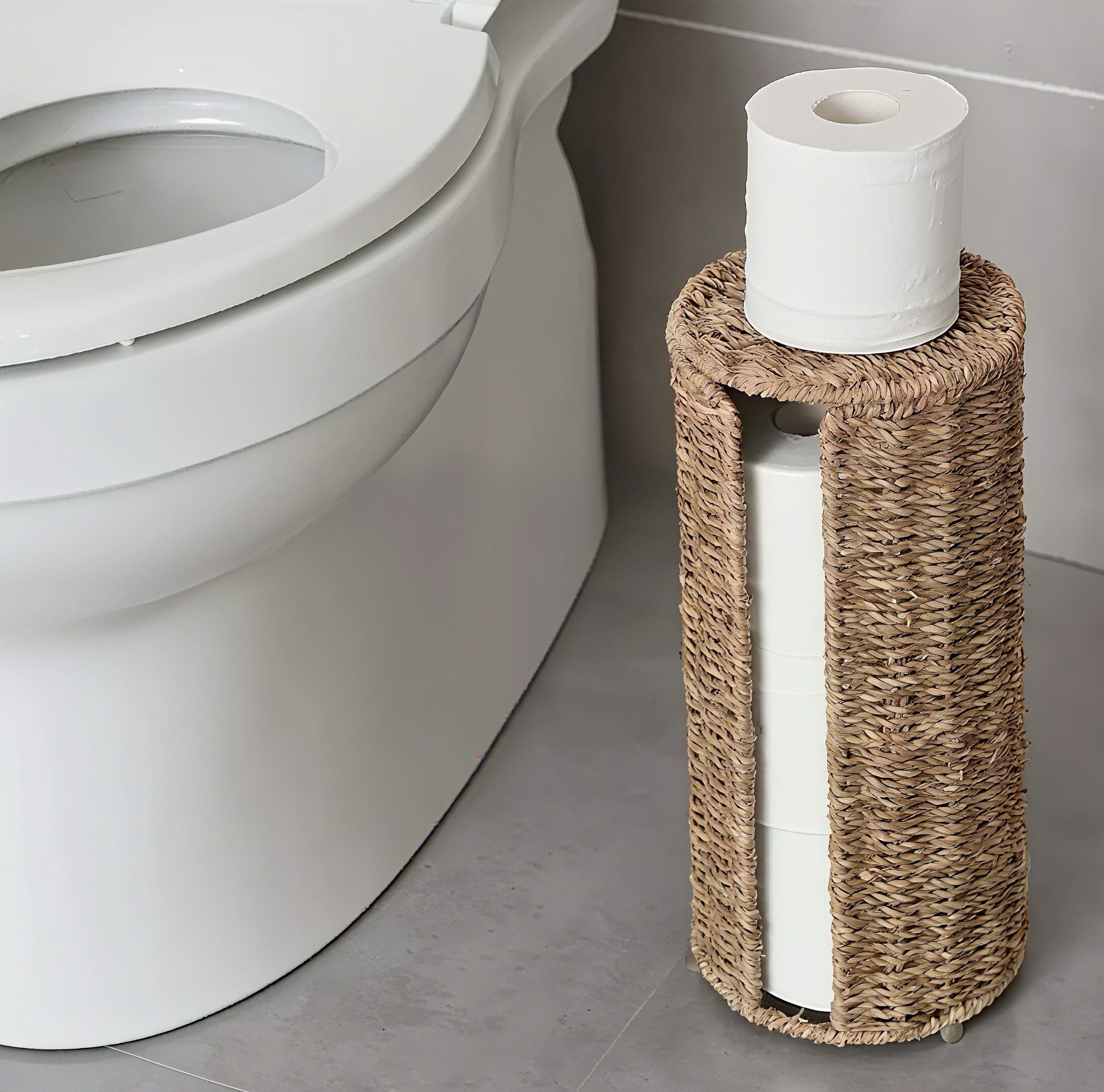 Zenora Independent Iron Toilet Paper Holder with Handwoven Storage Basket