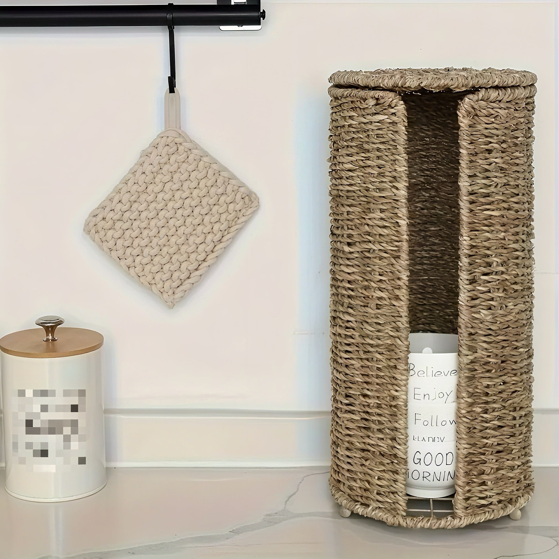 Zenora Independent Iron Toilet Paper Holder with Handwoven Storage Basket