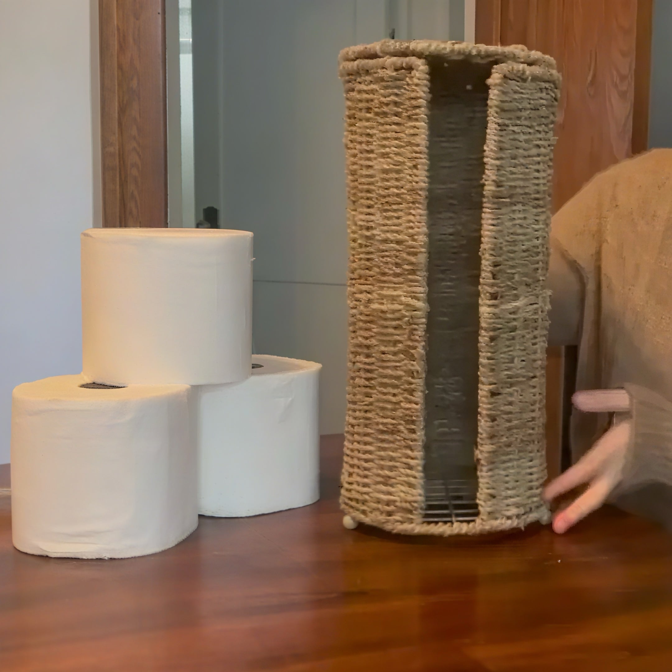 Zenora Independent Iron Toilet Paper Holder with Handwoven Storage Basket