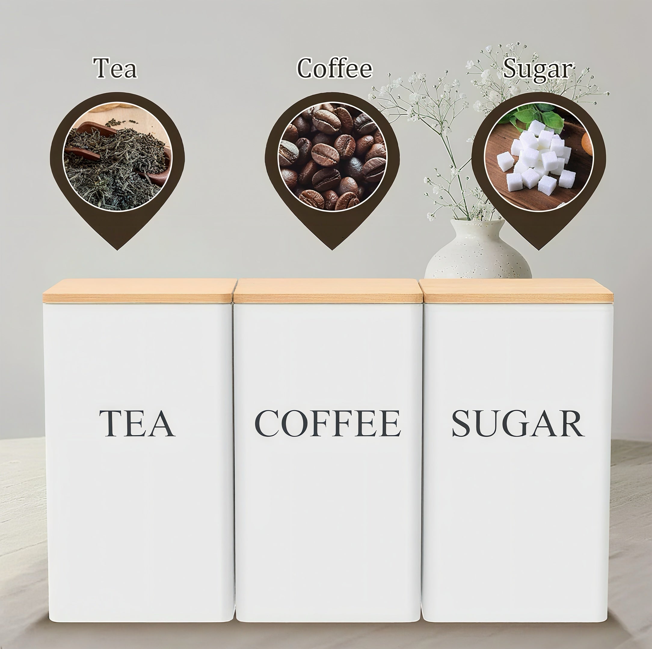 Zenora 3-Piece Airtight Metal Tea & Coffee Storage Container Set with Bamboo Lids