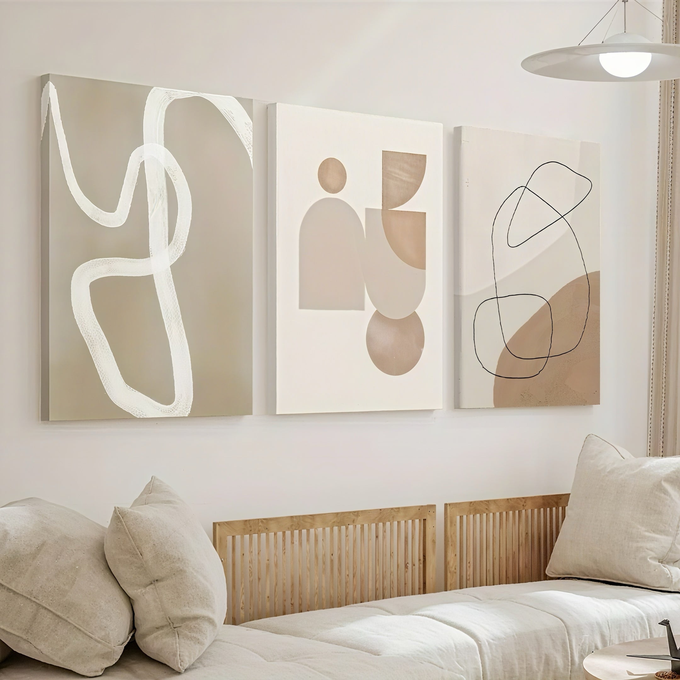 Zenora 3pcs Minimalist Beige Geometric Wooden Framed Canvas Set