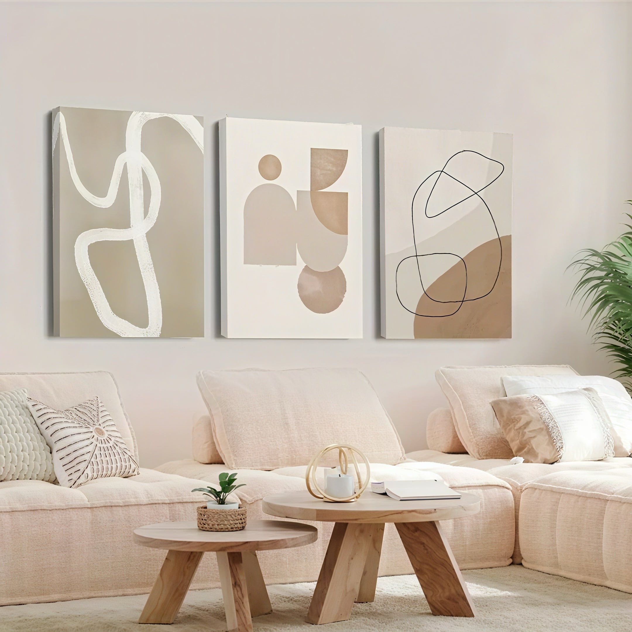 Zenora 3pcs Minimalist Beige Geometric Wooden Framed Canvas Set