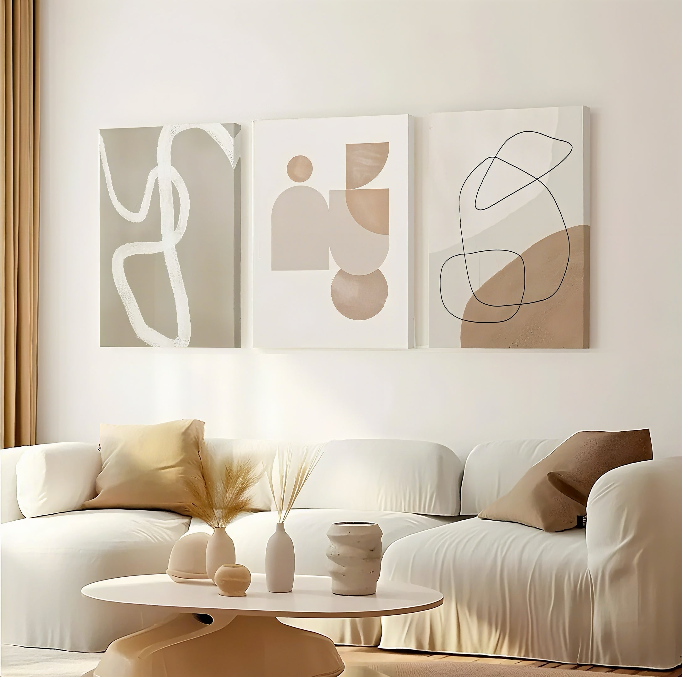 Zenora 3pcs Minimalist Beige Geometric Wooden Framed Canvas Set