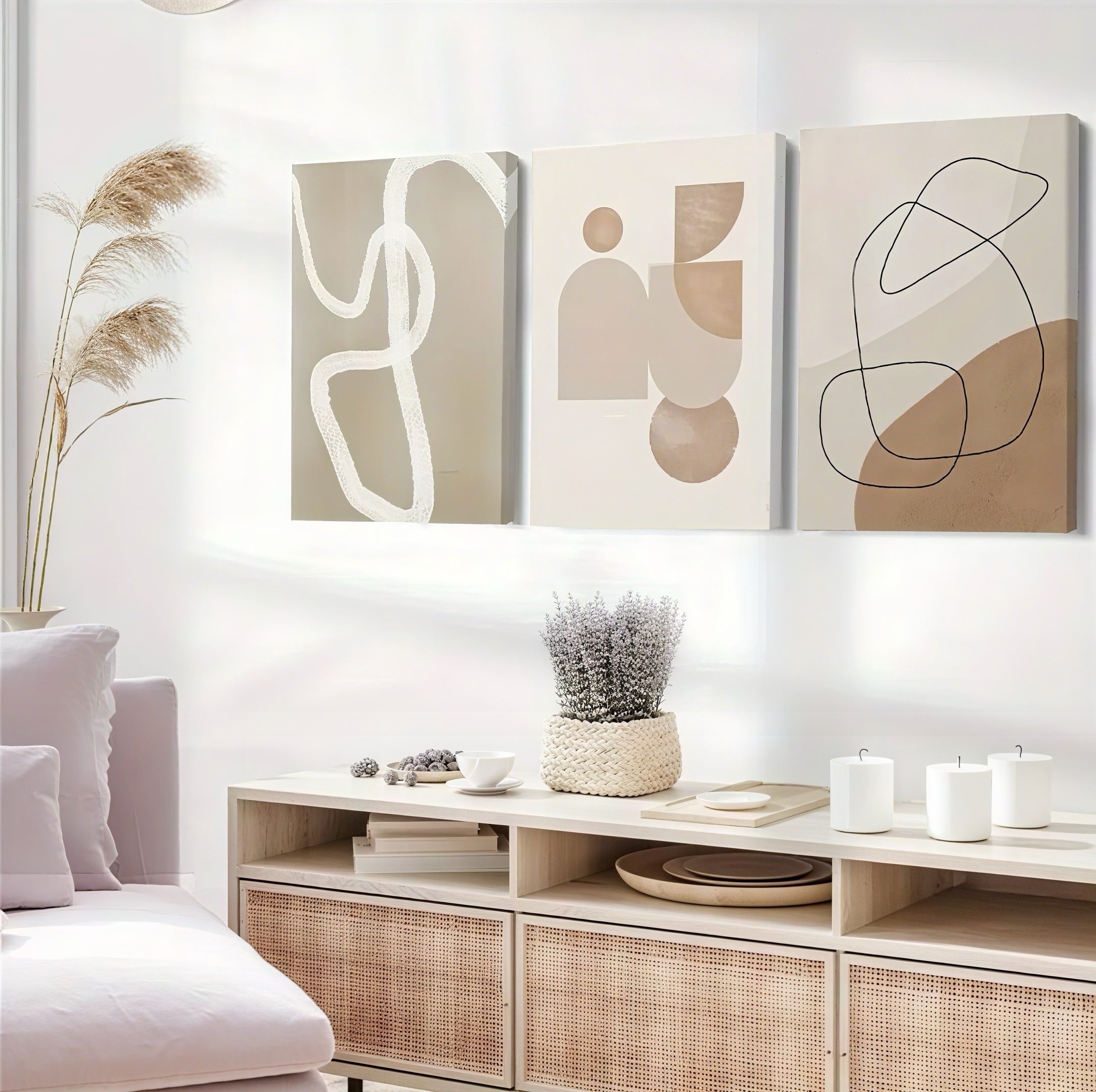 Zenora 3pcs Minimalist Beige Geometric Wooden Framed Canvas Set