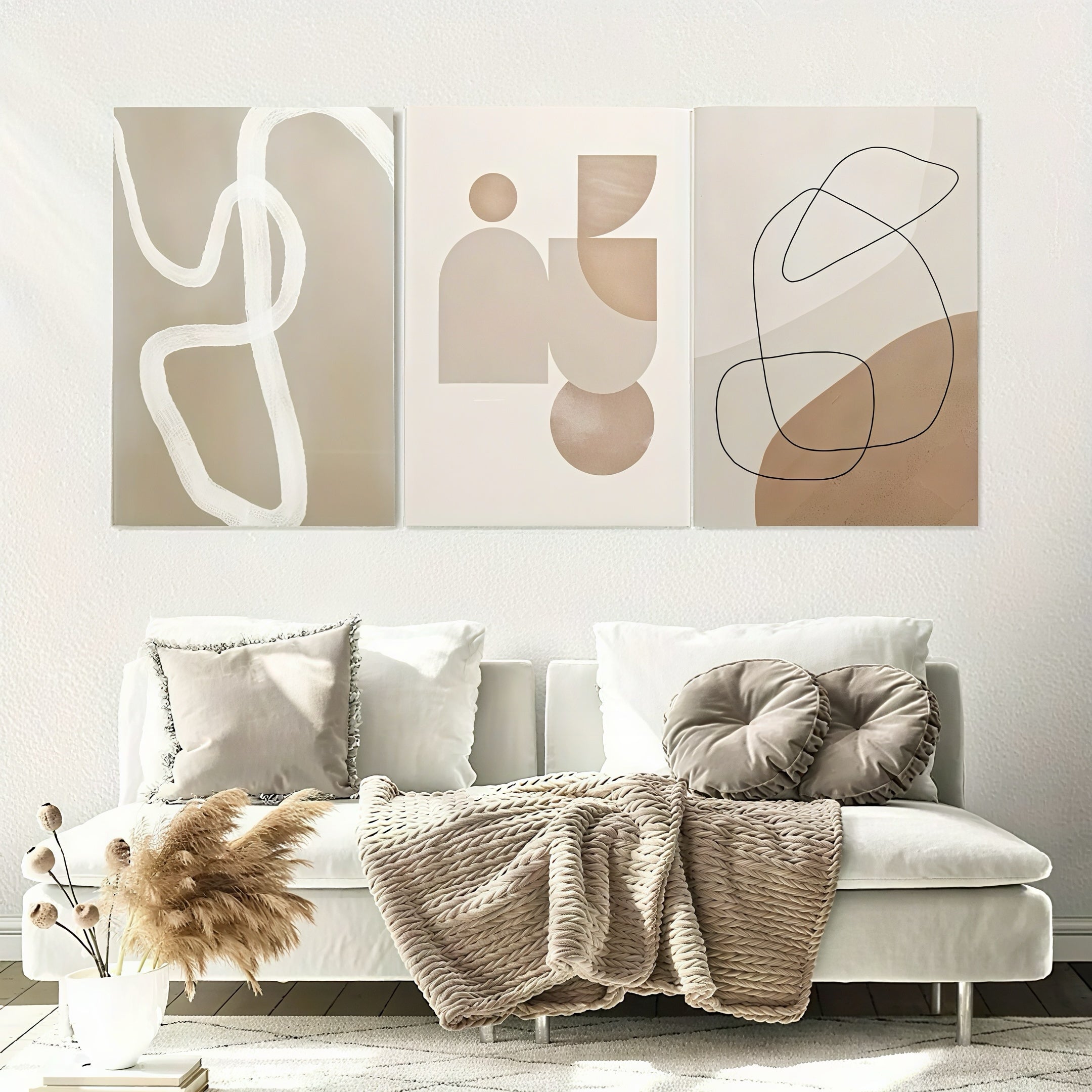 Zenora 3pcs Minimalist Beige Geometric Wooden Framed Canvas Set