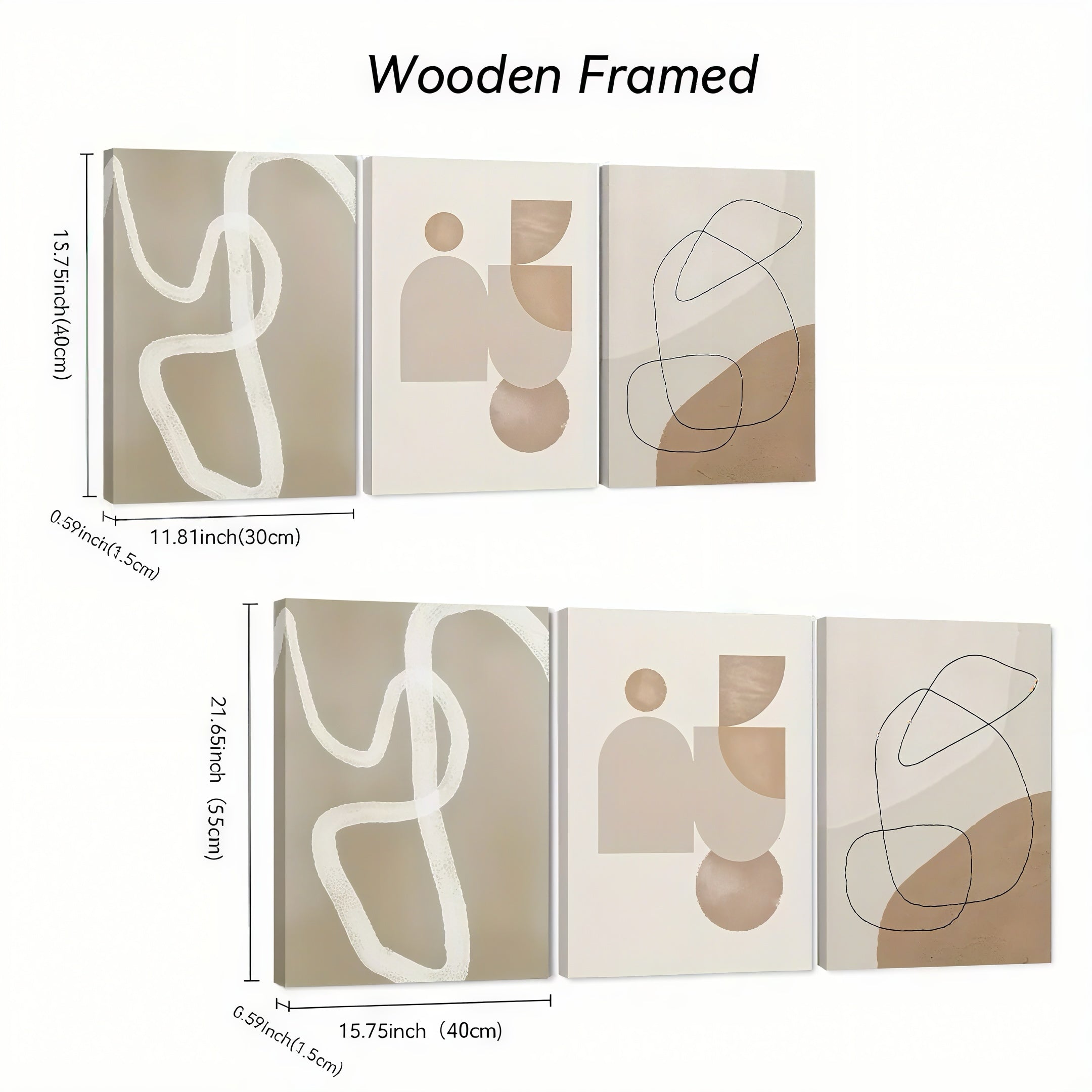 Zenora 3pcs Minimalist Beige Geometric Wooden Framed Canvas Set