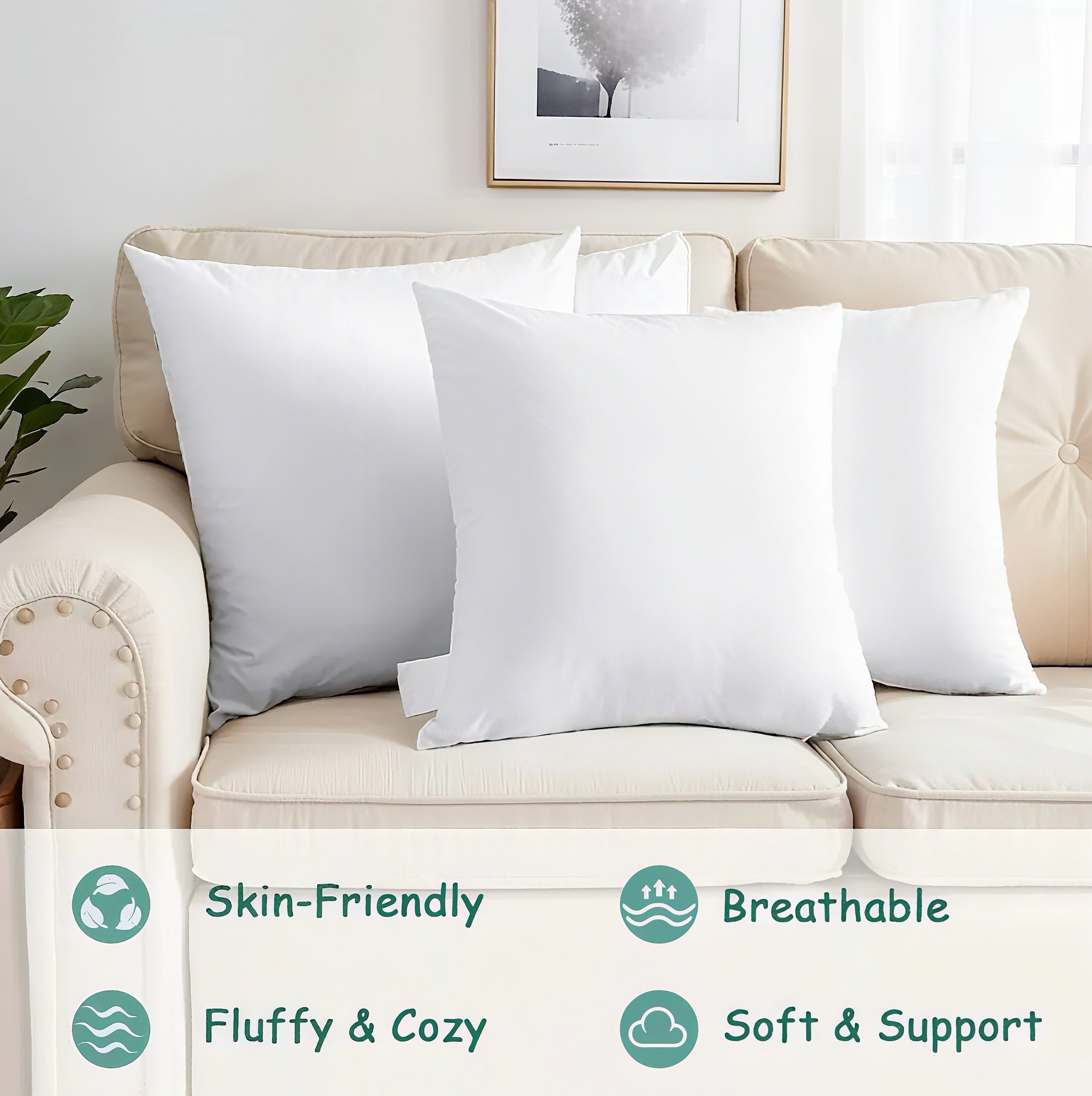 Zenora 4pcs White Square Pillow Core for Sofa or Bed