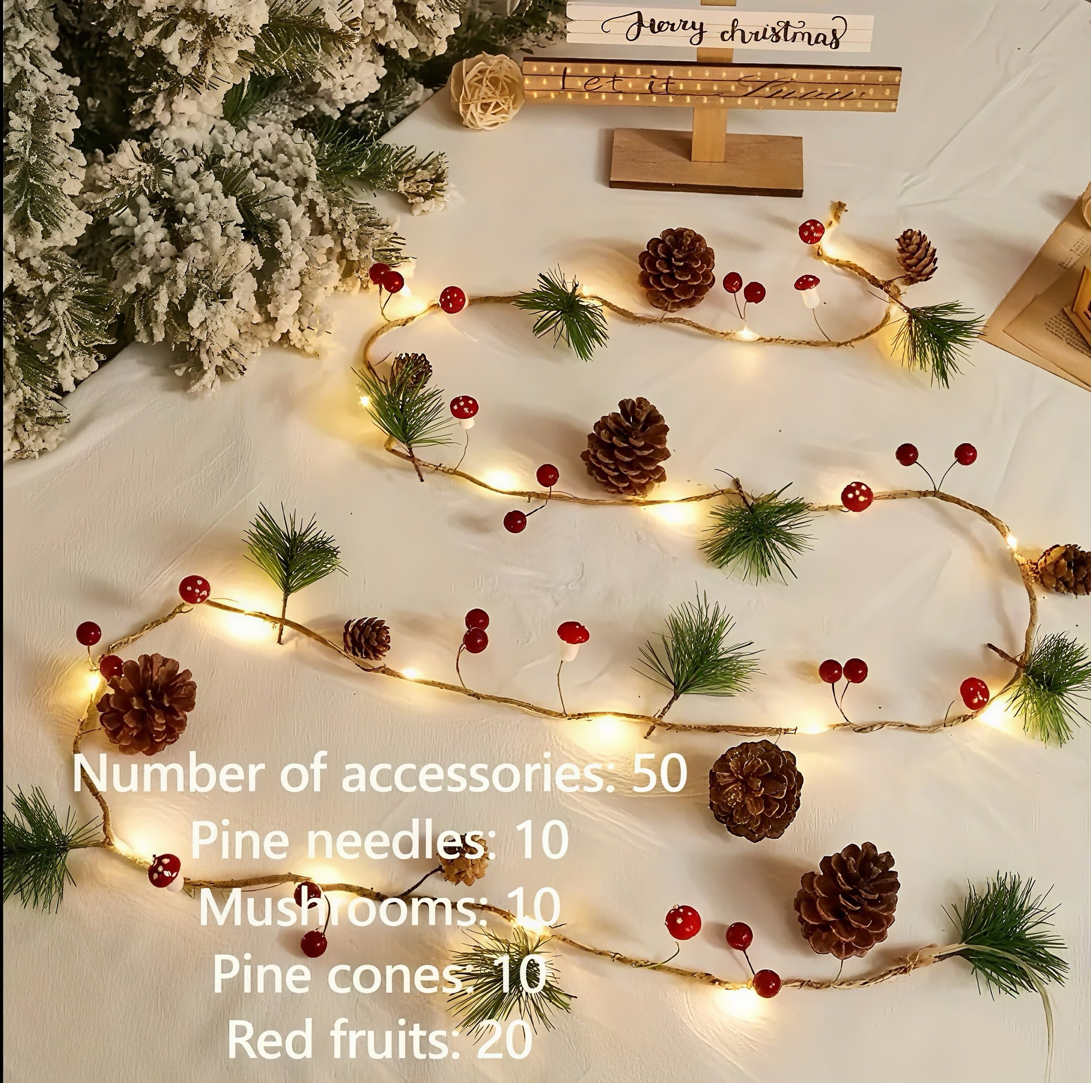 Zenora 1pc Christmas Pine Needle & Mushroom LED Light String