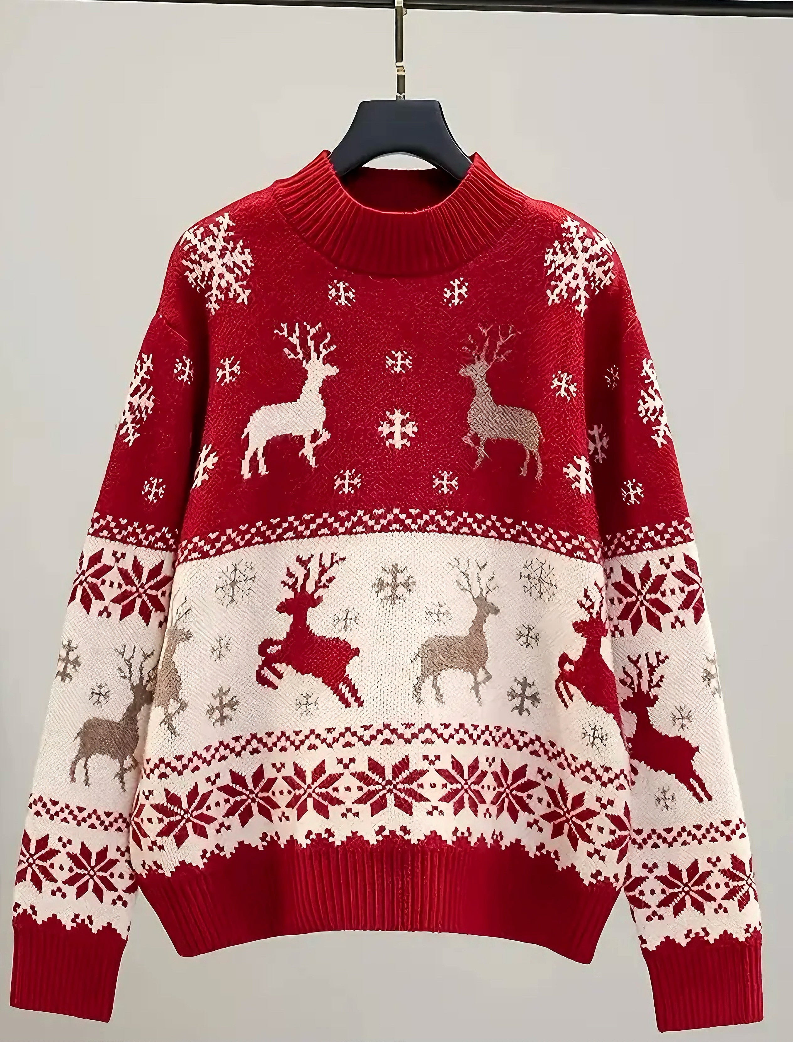 Zenora Women’s Cozy Red Christmas Sweater with Reindeer & Snowflake