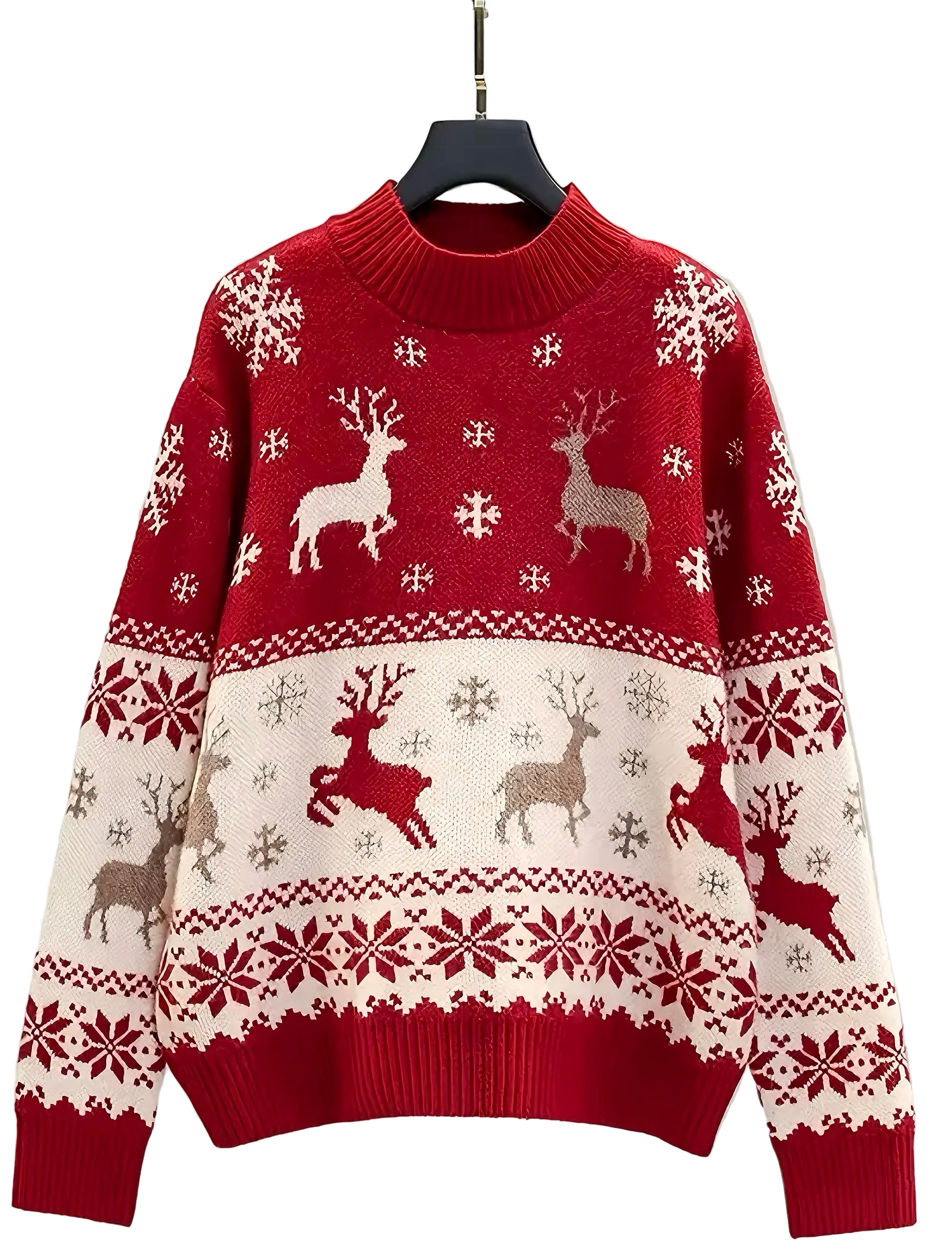 Zenora Women’s Cozy Red Christmas Sweater with Reindeer & Snowflake