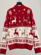 Zenora Women’s Cozy Red Christmas Sweater with Reindeer & Snowflake