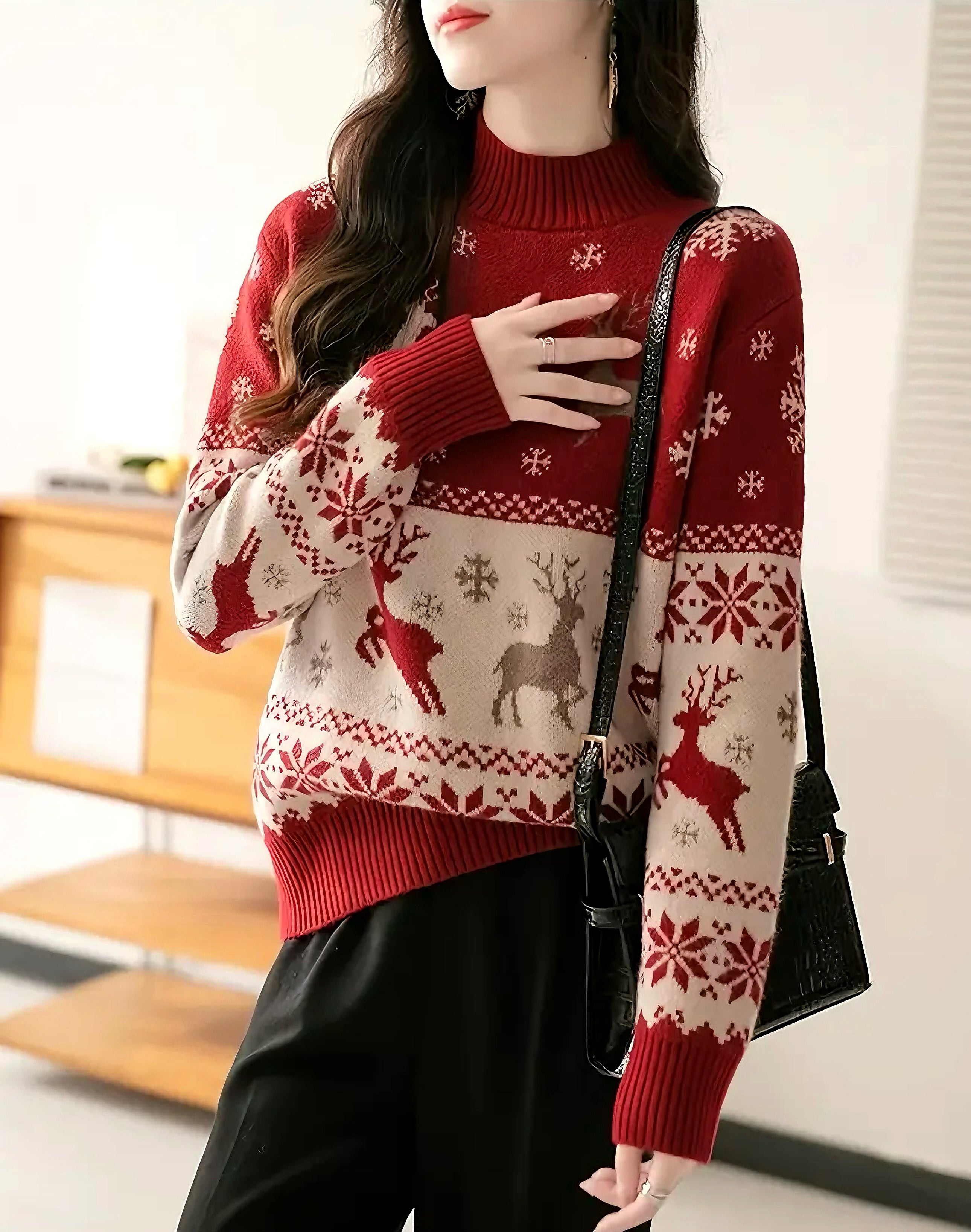 Zenora Women’s Cozy Red Christmas Sweater with Reindeer & Snowflake