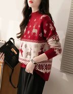 Zenora Women’s Cozy Red Christmas Sweater with Reindeer & Snowflake