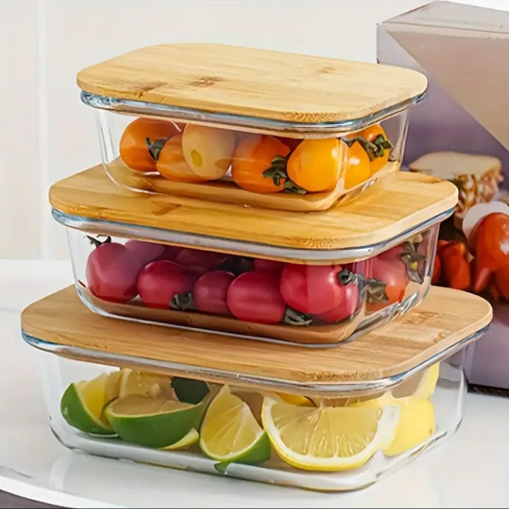 Zenora 3pcs Bamboo Lid Glass Food Storage Containers