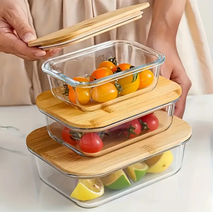 Zenora 3pcs Bamboo Lid Glass Food Storage Containers
